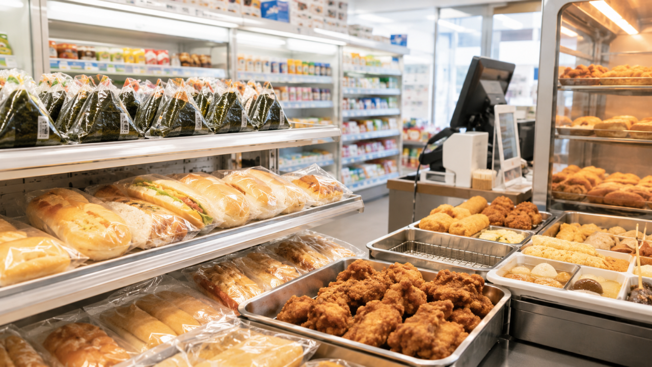 Onigiri, bread, fried chicken, and hot snacks displayed at a Japanese convenience store