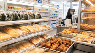 Onigiri, bread, fried chicken, and hot snacks displayed at a Japanese convenience store