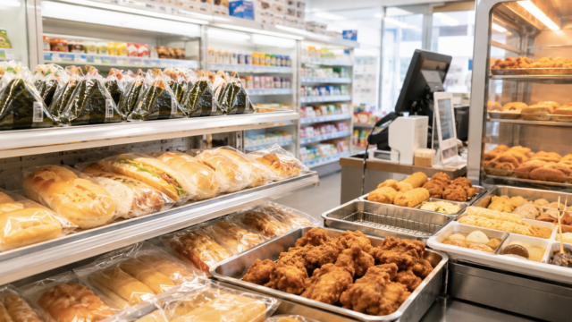 Onigiri, bread, fried chicken, and hot snacks displayed at a Japanese convenience store